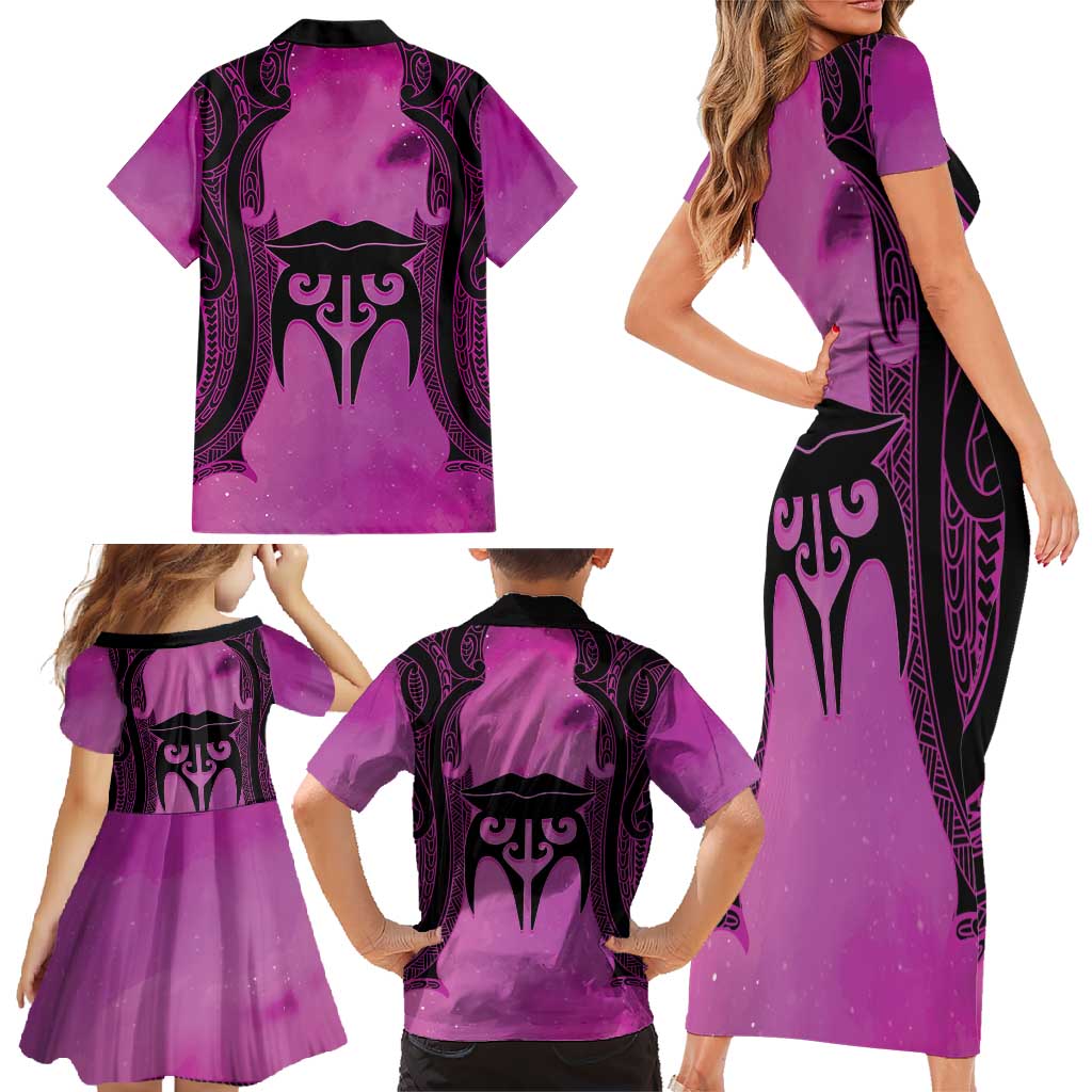 Personalised Moko Kauae New Zealand Family Matching Short Sleeve Bodycon Dress and Hawaiian Shirt Maori Chin Tattoo Pink - Polynesian Pride