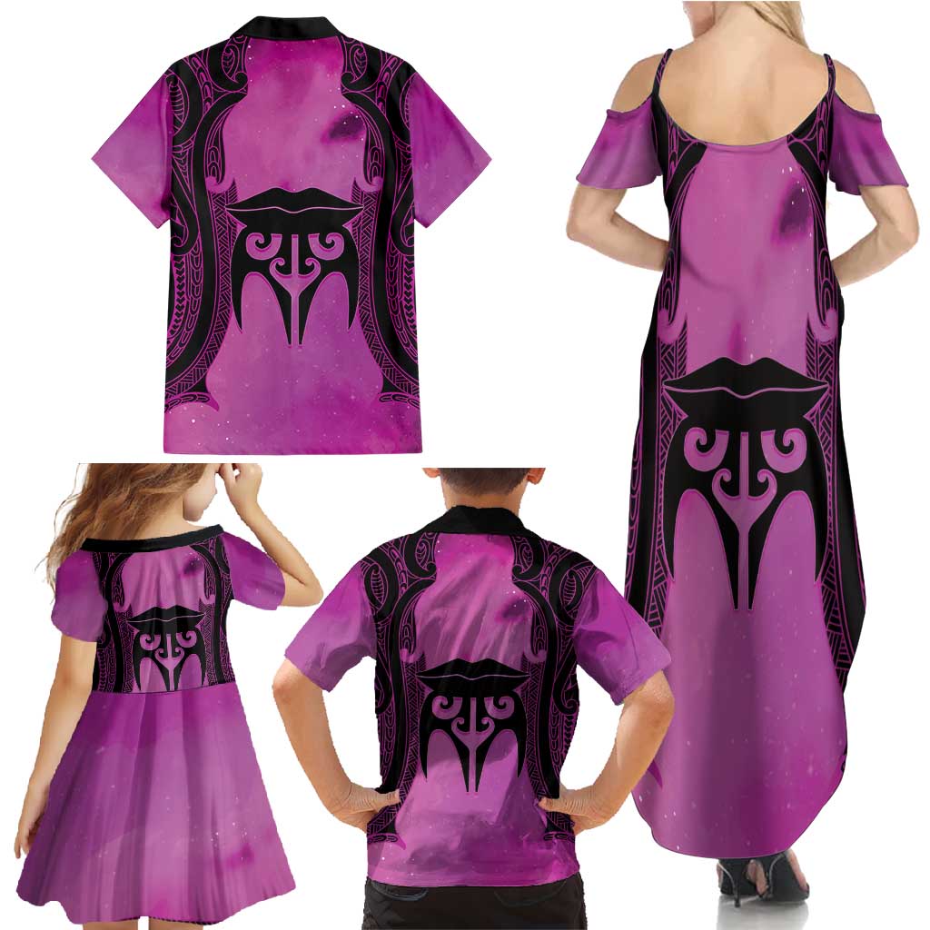 Personalised Moko Kauae New Zealand Family Matching Summer Maxi Dress and Hawaiian Shirt Maori Chin Tattoo Pink - Polynesian Pride