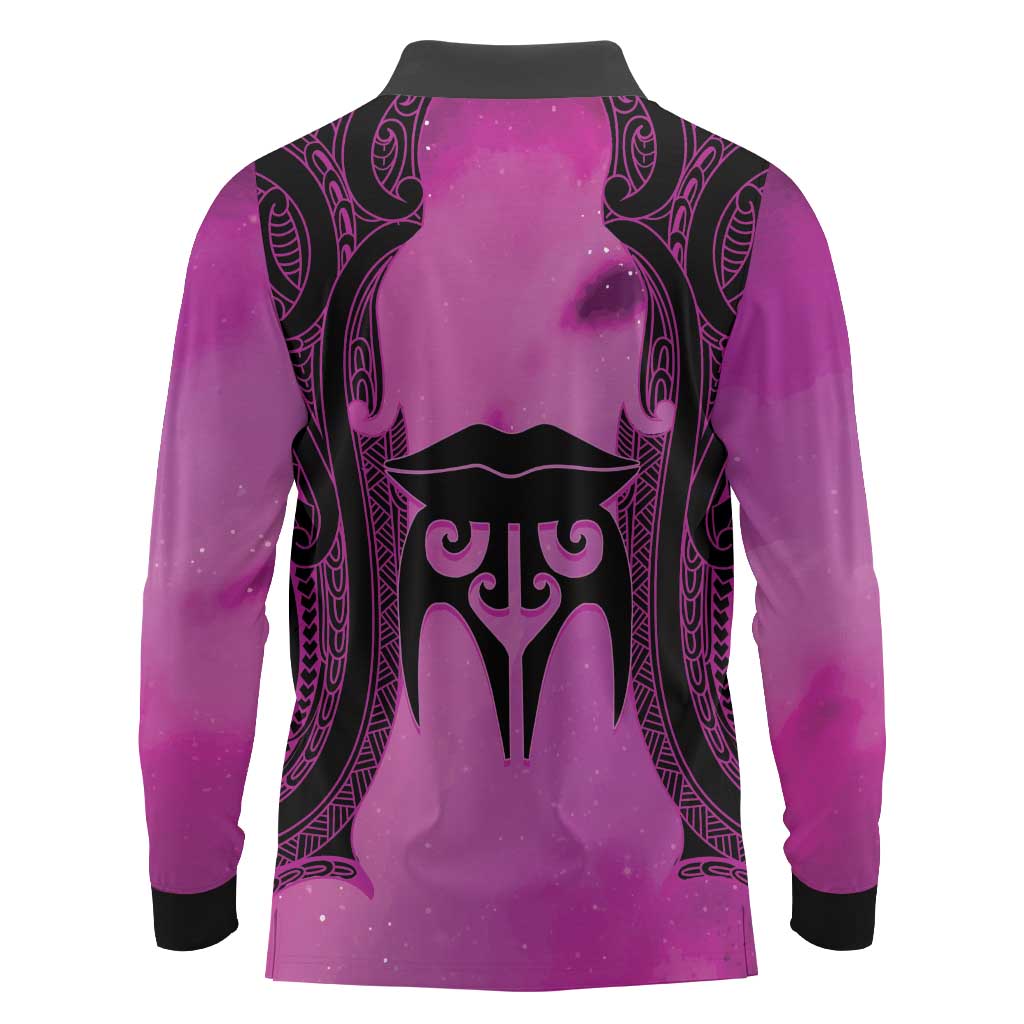 Personalised Moko Kauae New Zealand Long Sleeve Polo Shirt Maori Chin Tattoo Pink - Polynesian Pride
