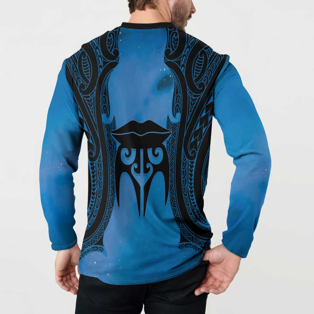 Personalised Moko Kauae New Zealand Button Sweatshirt Maori Chin Tattoo Blue - Polynesian Pride