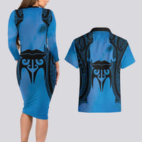 Personalised Moko Kauae New Zealand Couples Matching Long Sleeve Bodycon Dress and Hawaiian Shirt Maori Chin Tattoo Blue - Polynesian Pride