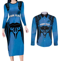 Personalised Moko Kauae New Zealand Couples Matching Long Sleeve Bodycon Dress and Long Sleeve Button Shirt Maori Chin Tattoo Blue - Polynesian Pride