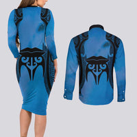 Personalised Moko Kauae New Zealand Couples Matching Long Sleeve Bodycon Dress and Long Sleeve Button Shirt Maori Chin Tattoo Blue - Polynesian Pride