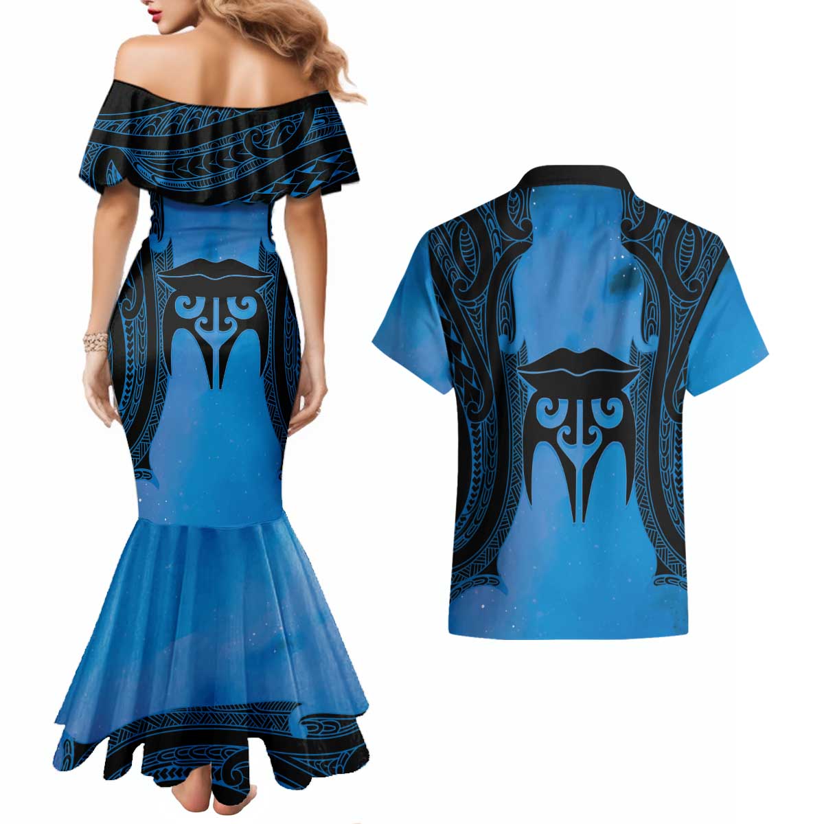 Personalised Moko Kauae New Zealand Couples Matching Mermaid Dress and Hawaiian Shirt Maori Chin Tattoo Blue - Polynesian Pride