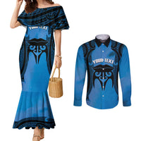 Personalised Moko Kauae New Zealand Couples Matching Mermaid Dress and Long Sleeve Button Shirt Maori Chin Tattoo Blue - Polynesian Pride