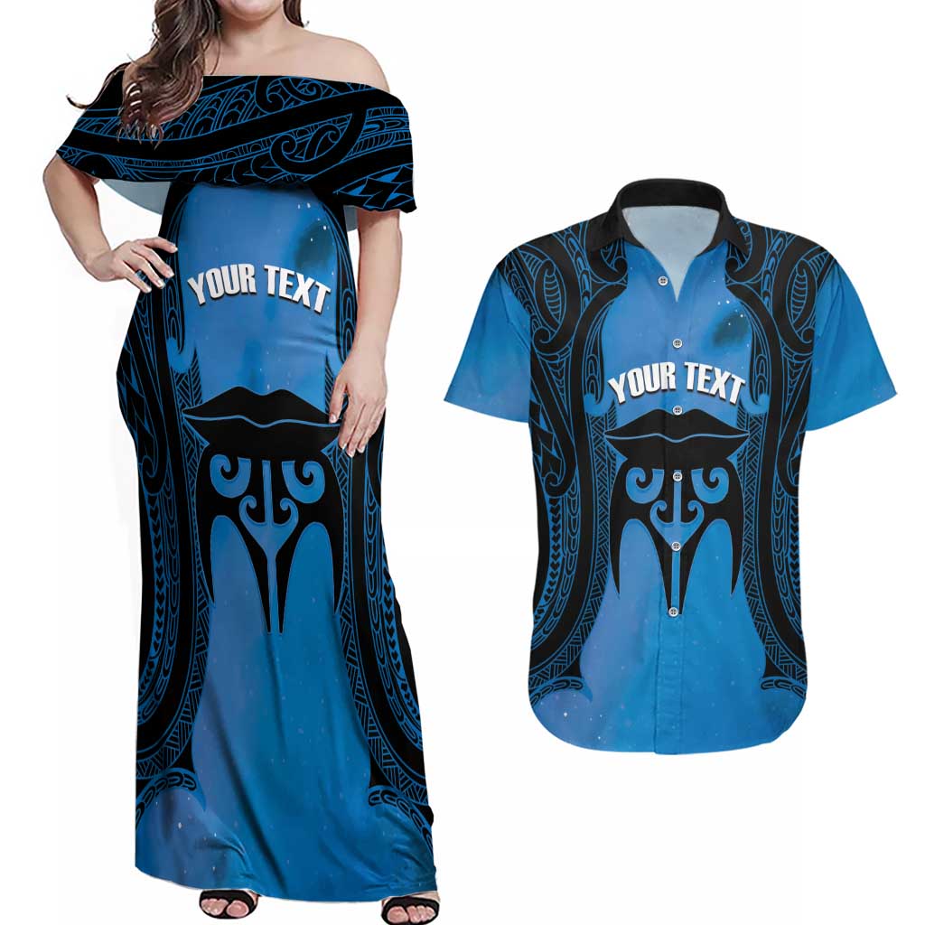 Personalised Moko Kauae New Zealand Couples Matching Off Shoulder Maxi Dress and Hawaiian Shirt Maori Chin Tattoo Blue - Polynesian Pride