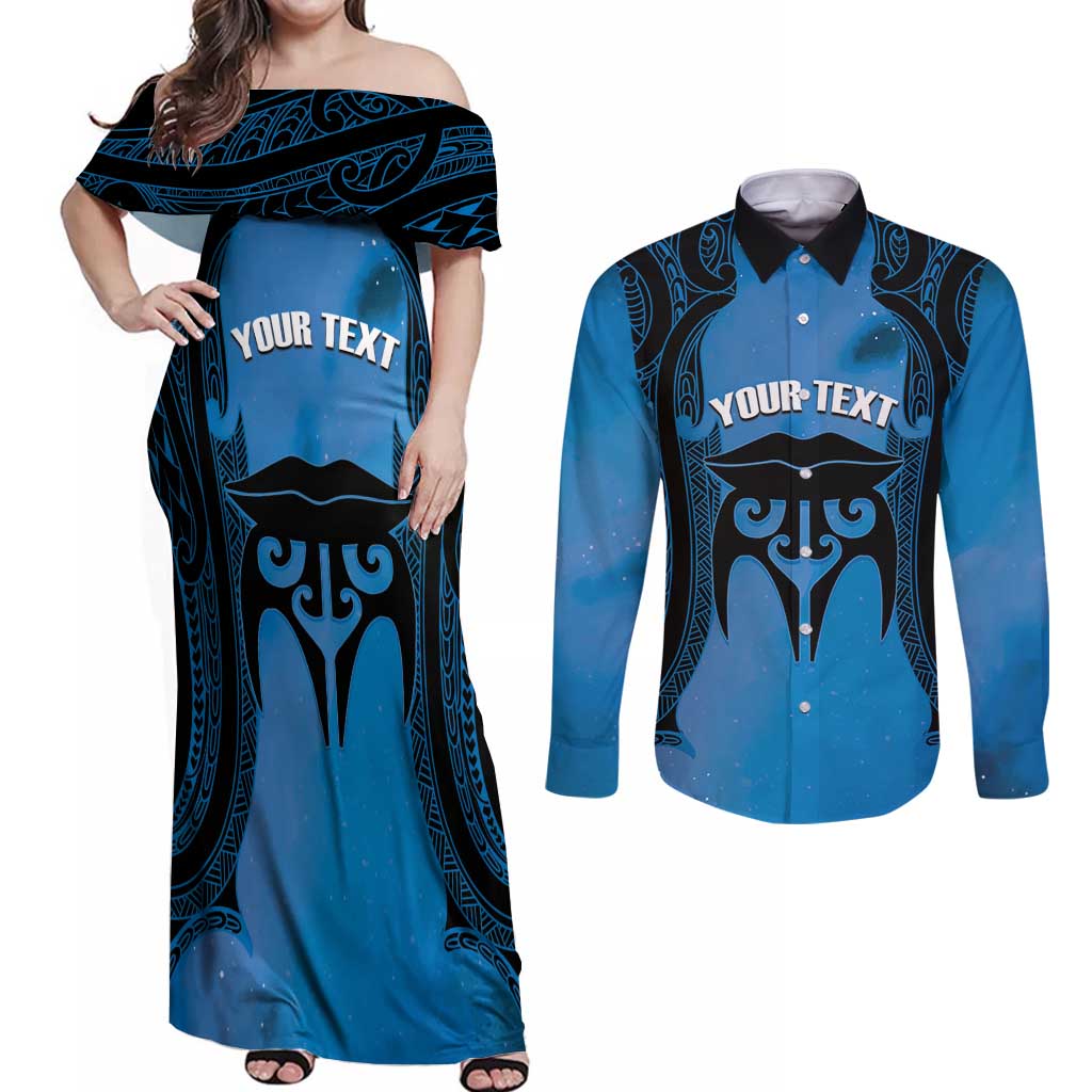 Personalised Moko Kauae New Zealand Couples Matching Off Shoulder Maxi Dress and Long Sleeve Button Shirt Maori Chin Tattoo Blue - Polynesian Pride