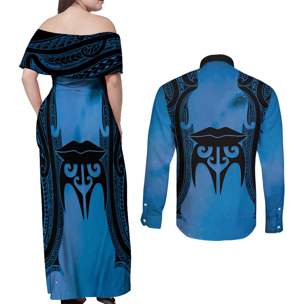 Personalised Moko Kauae New Zealand Couples Matching Off Shoulder Maxi Dress and Long Sleeve Button Shirt Maori Chin Tattoo Blue - Polynesian Pride
