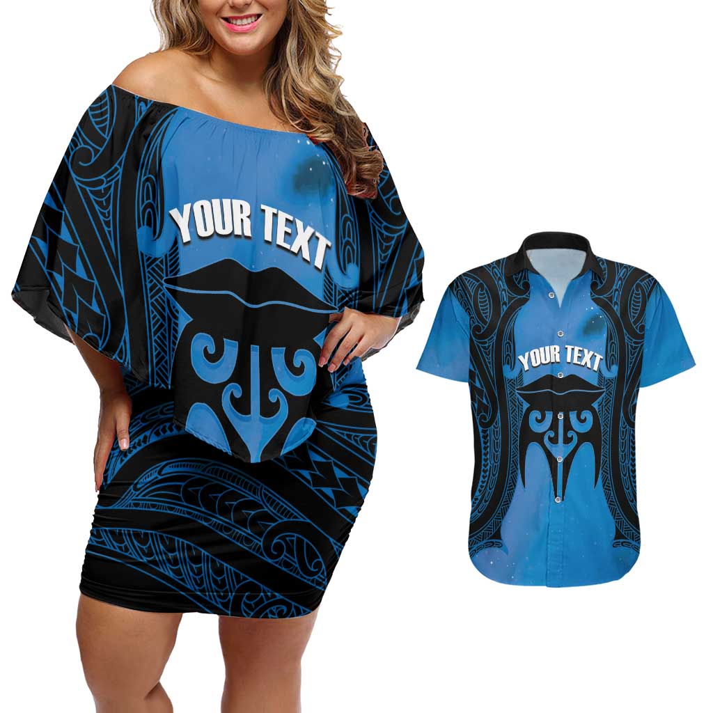 Personalised Moko Kauae New Zealand Couples Matching Off Shoulder Short Dress and Hawaiian Shirt Maori Chin Tattoo Blue - Polynesian Pride