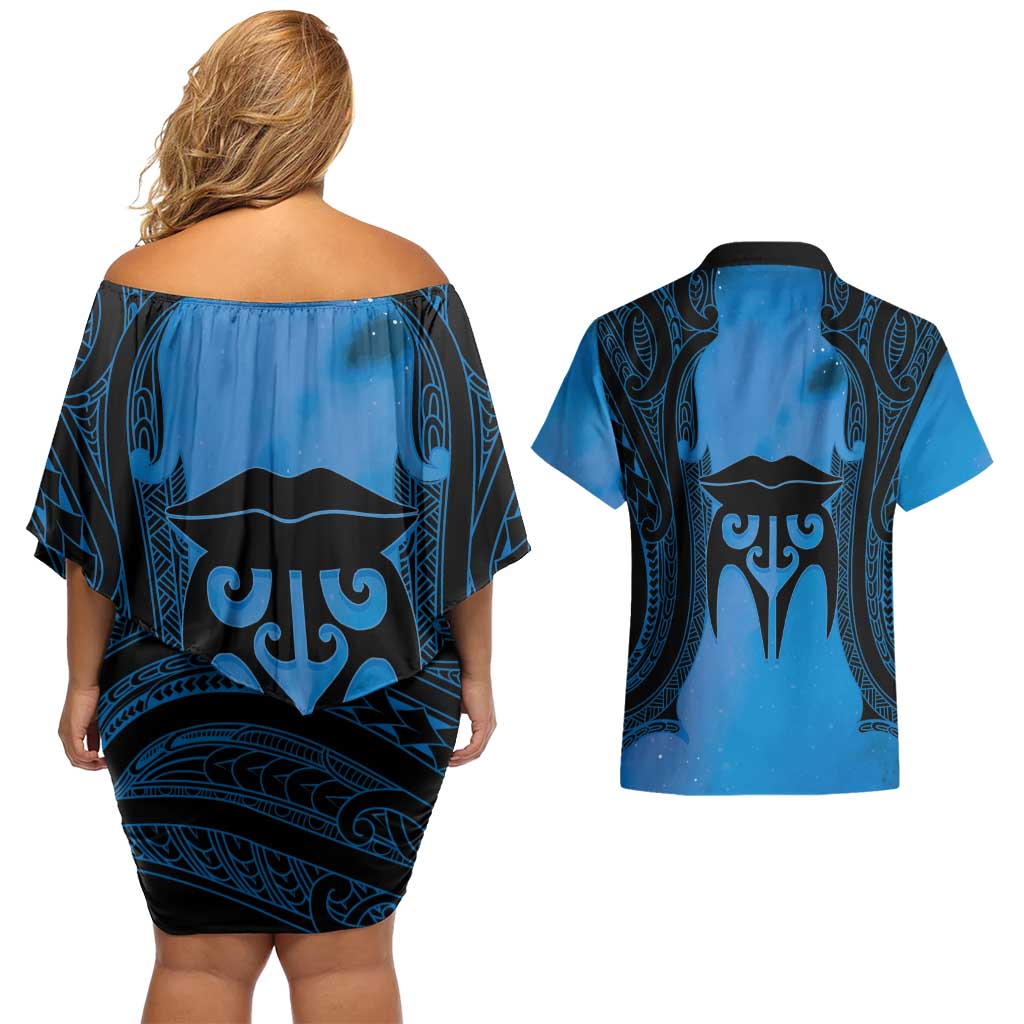 Personalised Moko Kauae New Zealand Couples Matching Off Shoulder Short Dress and Hawaiian Shirt Maori Chin Tattoo Blue - Polynesian Pride