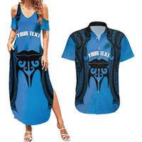 Personalised Moko Kauae New Zealand Couples Matching Summer Maxi Dress and Hawaiian Shirt Maori Chin Tattoo Blue - Polynesian Pride