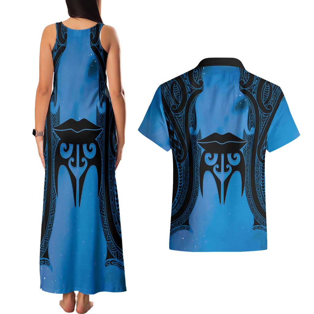 Personalised Moko Kauae New Zealand Couples Matching Tank Maxi Dress and Hawaiian Shirt Maori Chin Tattoo Blue - Polynesian Pride