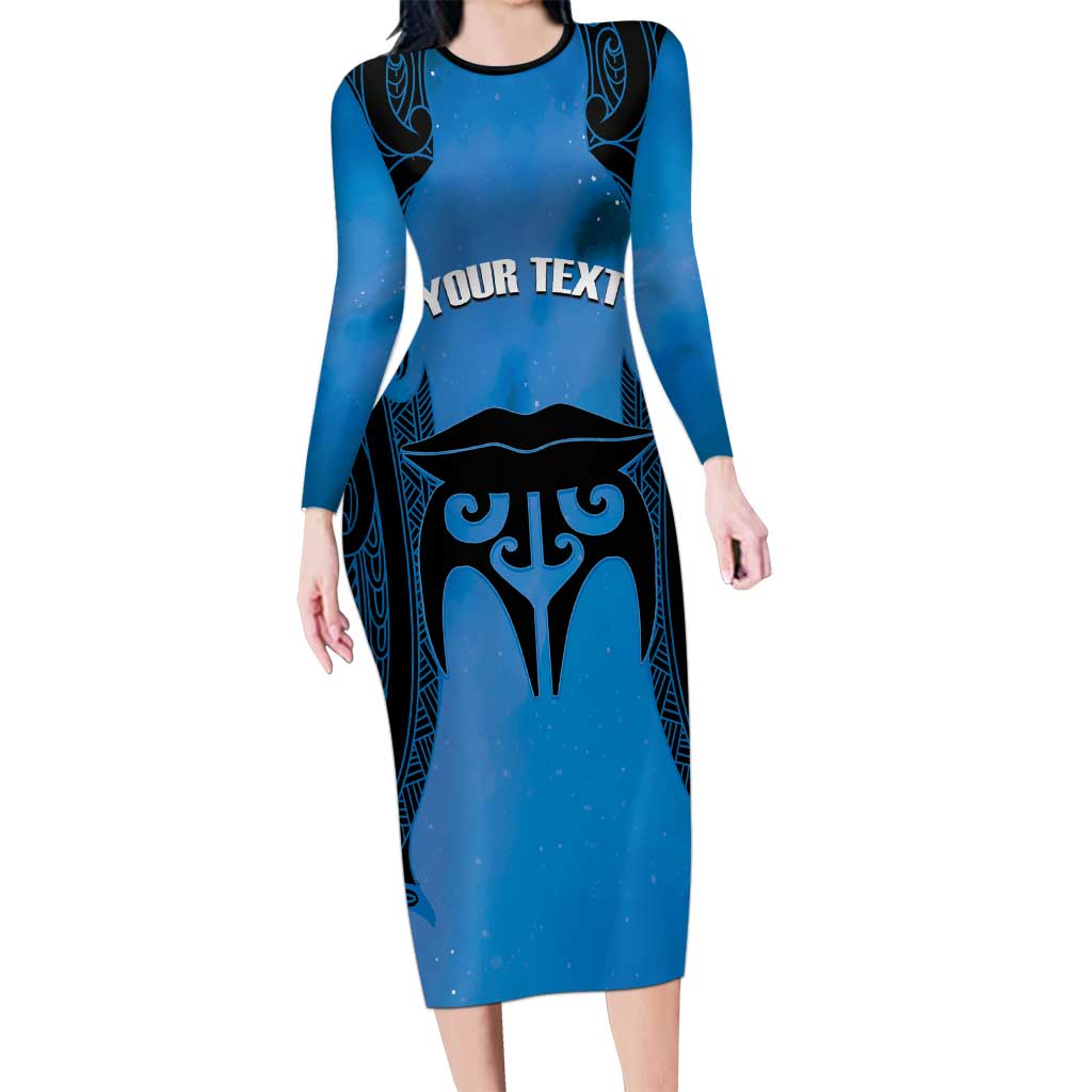 Personalised Moko Kauae New Zealand Family Matching Long Sleeve Bodycon Dress and Hawaiian Shirt Maori Chin Tattoo Blue - Polynesian Pride