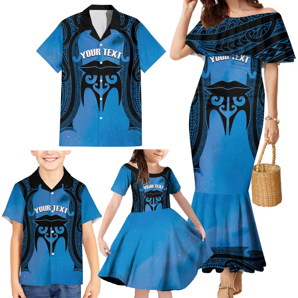 Personalised Moko Kauae New Zealand Family Matching Mermaid Dress and Hawaiian Shirt Maori Chin Tattoo Blue - Polynesian Pride