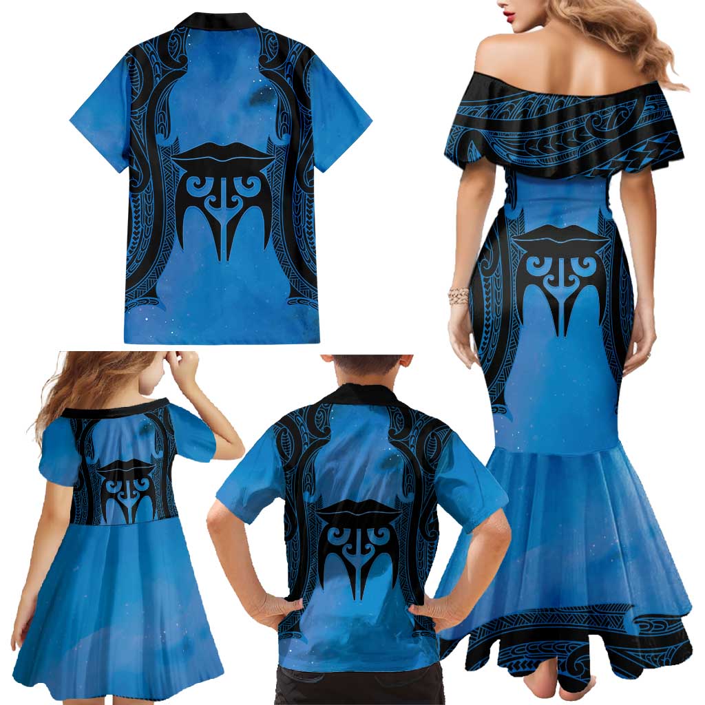 Personalised Moko Kauae New Zealand Family Matching Mermaid Dress and Hawaiian Shirt Maori Chin Tattoo Blue - Polynesian Pride