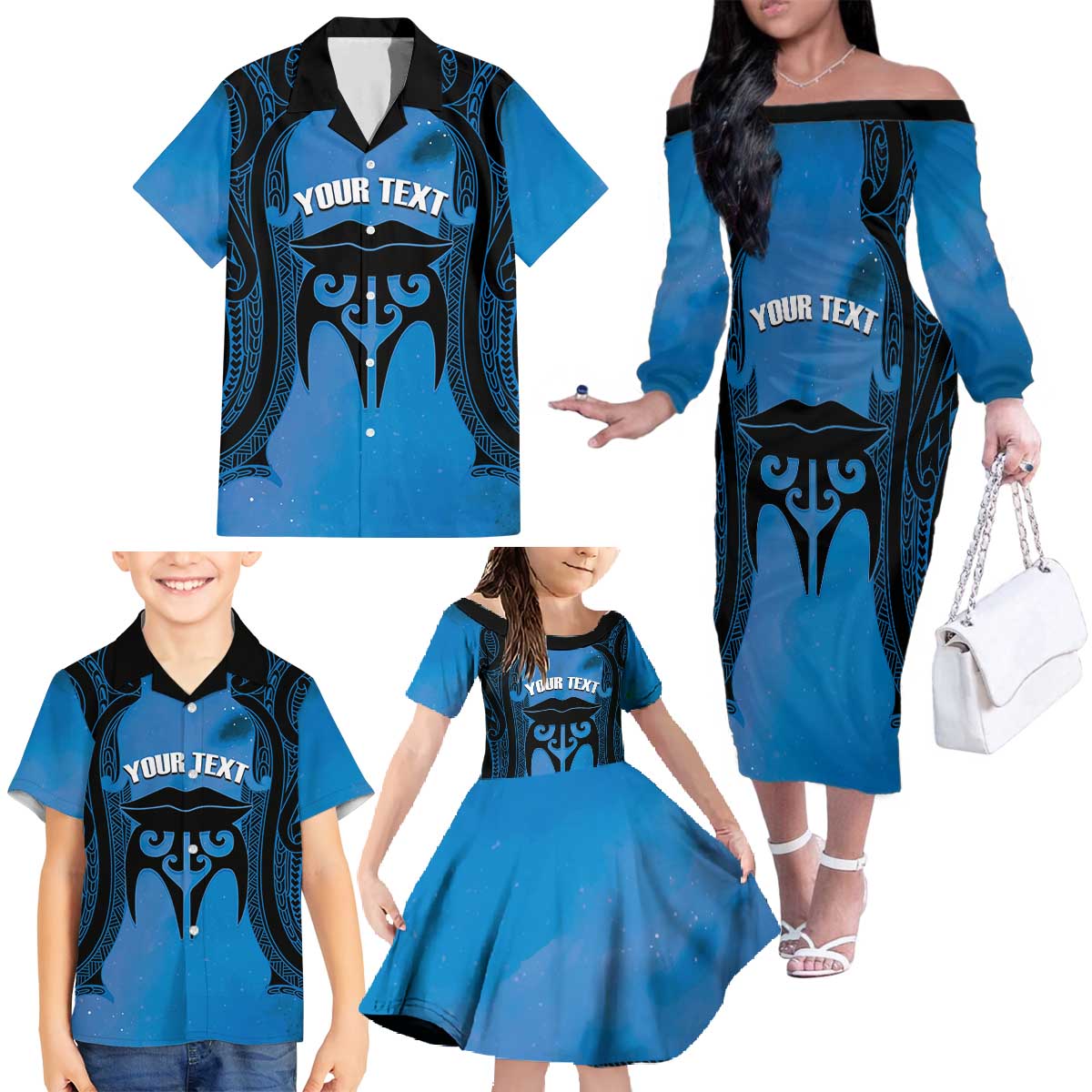 Personalised Moko Kauae New Zealand Family Matching Off The Shoulder Long Sleeve Dress and Hawaiian Shirt Maori Chin Tattoo Blue - Polynesian Pride