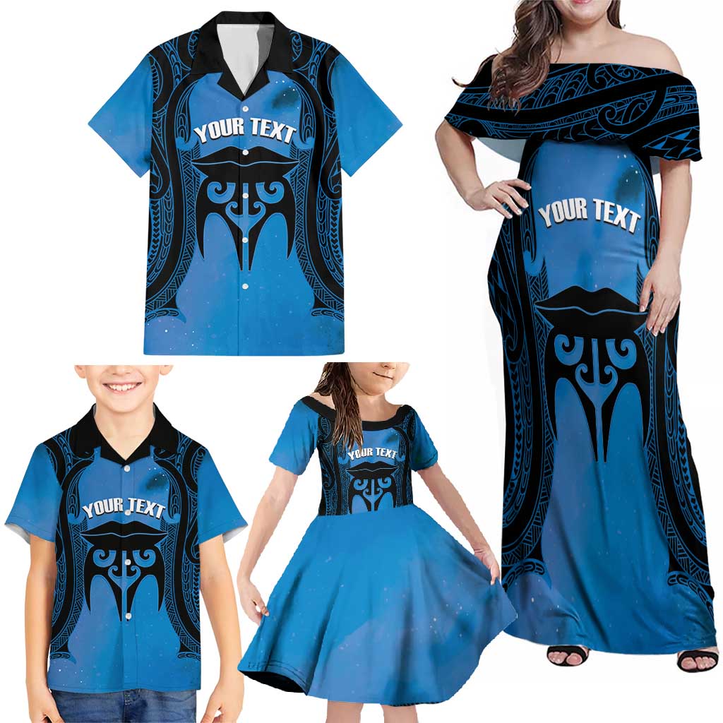 Personalised Moko Kauae New Zealand Family Matching Off Shoulder Maxi Dress and Hawaiian Shirt Maori Chin Tattoo Blue - Polynesian Pride