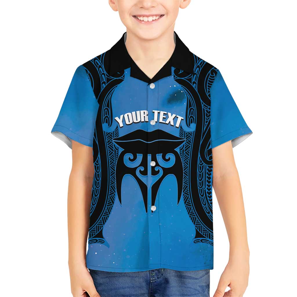 Personalised Moko Kauae New Zealand Family Matching Off Shoulder Maxi Dress and Hawaiian Shirt Maori Chin Tattoo Blue - Polynesian Pride