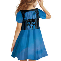 Personalised Moko Kauae New Zealand Family Matching Off Shoulder Short Dress and Hawaiian Shirt Maori Chin Tattoo Blue - Polynesian Pride