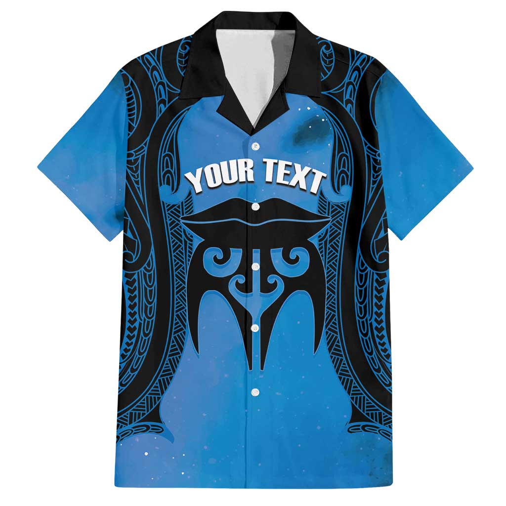 Personalised Moko Kauae New Zealand Family Matching Off Shoulder Short Dress and Hawaiian Shirt Maori Chin Tattoo Blue - Polynesian Pride