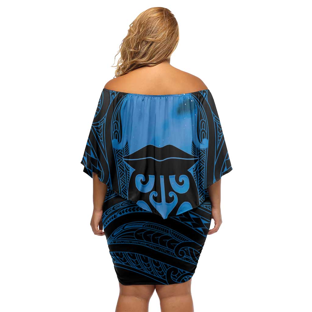 Personalised Moko Kauae New Zealand Family Matching Off Shoulder Short Dress and Hawaiian Shirt Maori Chin Tattoo Blue - Polynesian Pride