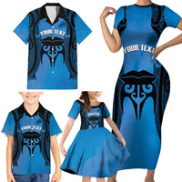 Personalised Moko Kauae New Zealand Family Matching Short Sleeve Bodycon Dress and Hawaiian Shirt Maori Chin Tattoo Blue - Polynesian Pride