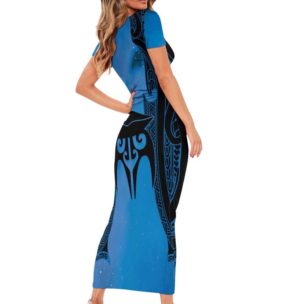 Personalised Moko Kauae New Zealand Family Matching Short Sleeve Bodycon Dress and Hawaiian Shirt Maori Chin Tattoo Blue - Polynesian Pride