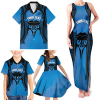 Personalised Moko Kauae New Zealand Family Matching Tank Maxi Dress and Hawaiian Shirt Maori Chin Tattoo Blue - Polynesian Pride
