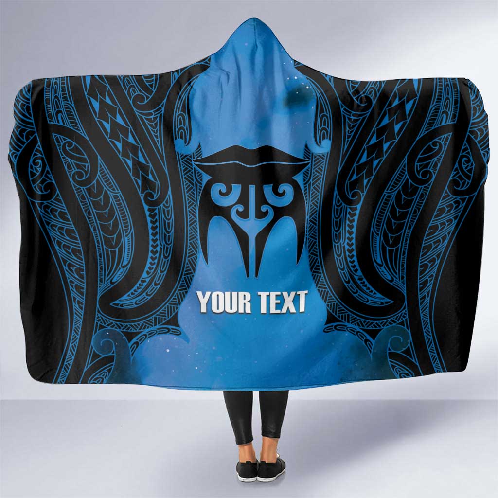 Personalised Moko Kauae New Zealand Hooded Blanket Maori Chin Tattoo Blue - Polynesian Pride