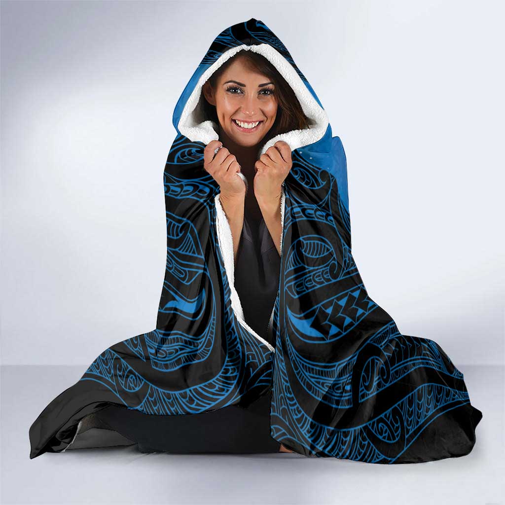 Personalised Moko Kauae New Zealand Hooded Blanket Maori Chin Tattoo Blue - Polynesian Pride