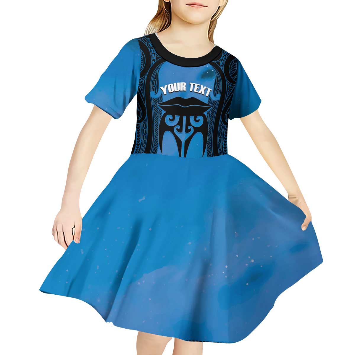Personalised Moko Kauae New Zealand Kid Short Sleeve Dress Maori Chin Tattoo Blue - Polynesian Pride