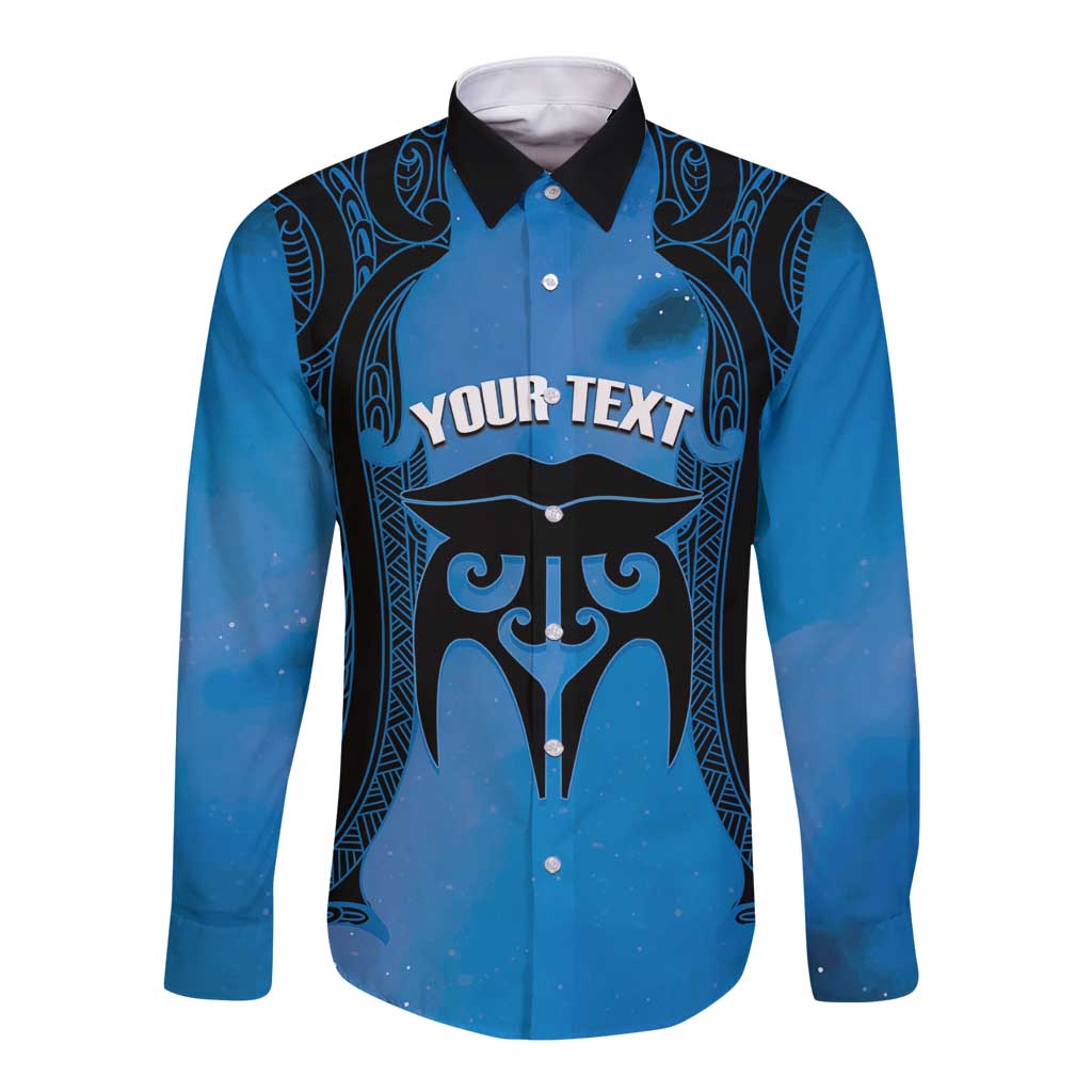 Personalised Moko Kauae New Zealand Long Sleeve Button Shirt Maori Chin Tattoo Blue - Polynesian Pride