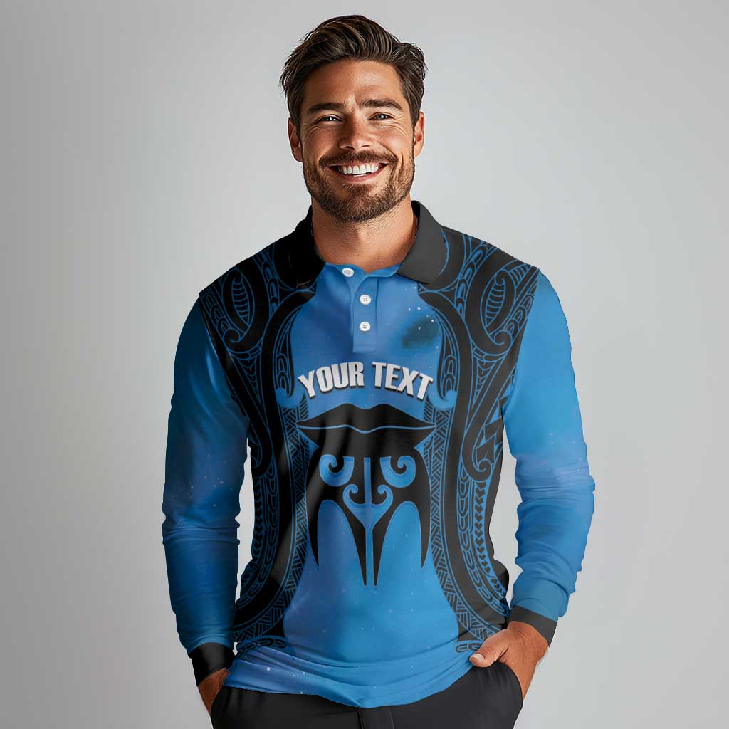 Personalised Moko Kauae New Zealand Long Sleeve Polo Shirt Maori Chin Tattoo Blue - Polynesian Pride