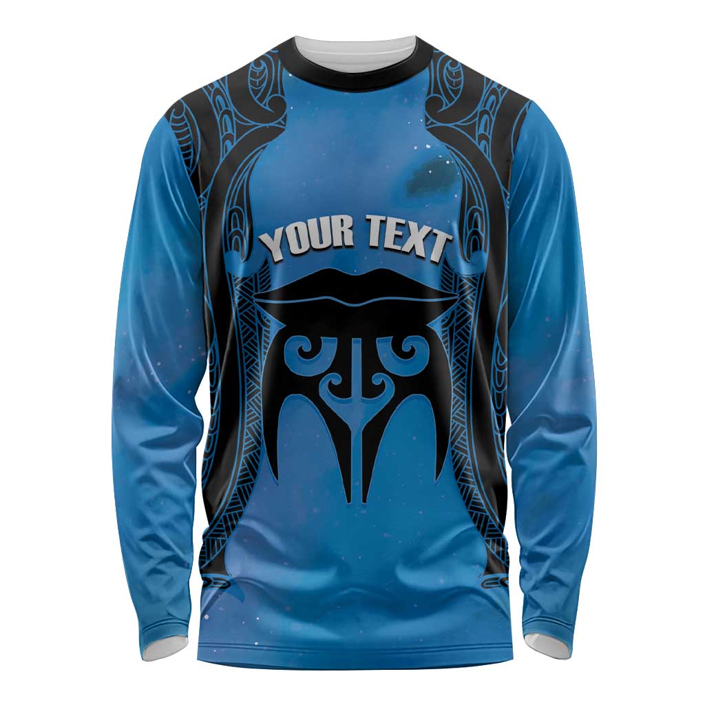 Personalised Moko Kauae New Zealand Long Sleeve Shirt Maori Chin Tattoo Blue - Polynesian Pride