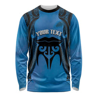 Personalised Moko Kauae New Zealand Long Sleeve Shirt Maori Chin Tattoo Blue - Polynesian Pride