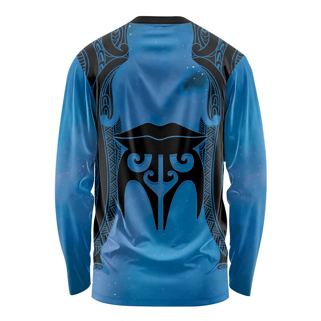Personalised Moko Kauae New Zealand Long Sleeve Shirt Maori Chin Tattoo Blue - Polynesian Pride