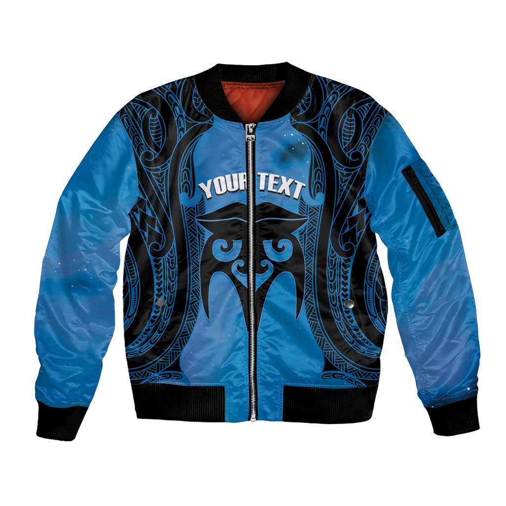 Personalised Moko Kauae New Zealand Sleeve Zip Bomber Jacket Maori Chin Tattoo Blue - Polynesian Pride