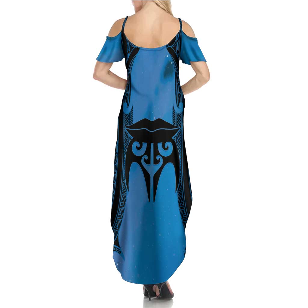 Personalised Moko Kauae New Zealand Summer Maxi Dress Maori Chin Tattoo Blue - Polynesian Pride