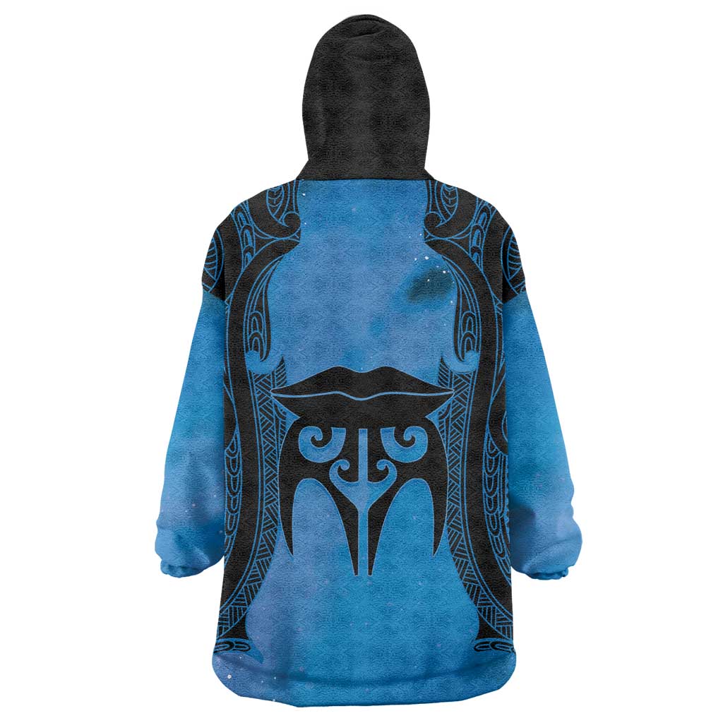 Personalised Moko Kauae New Zealand Wearable Blanket Hoodie Maori Chin Tattoo Blue - Polynesian Pride