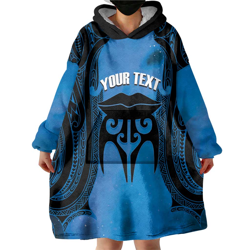 Personalised Moko Kauae New Zealand Wearable Blanket Hoodie Maori Chin Tattoo Blue - Polynesian Pride