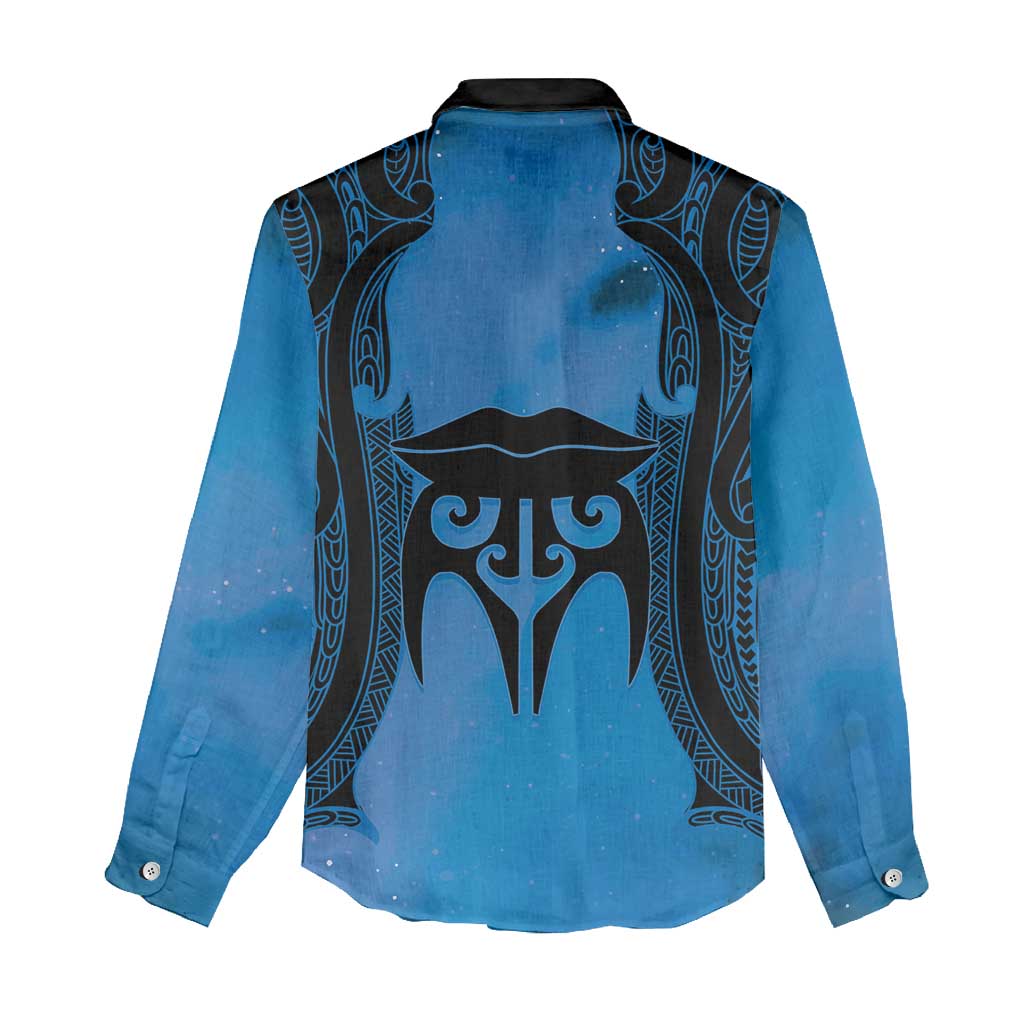 Personalised Moko Kauae New Zealand Women Casual Shirt Maori Chin Tattoo Blue - Polynesian Pride