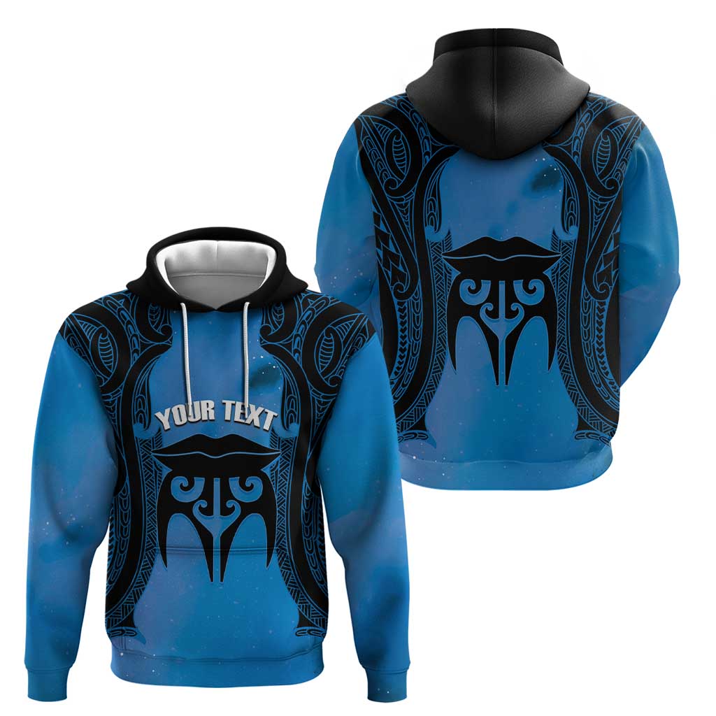 Personalised Moko Kauae New Zealand Zip Hoodie Maori Chin Tattoo Blue - Polynesian Pride