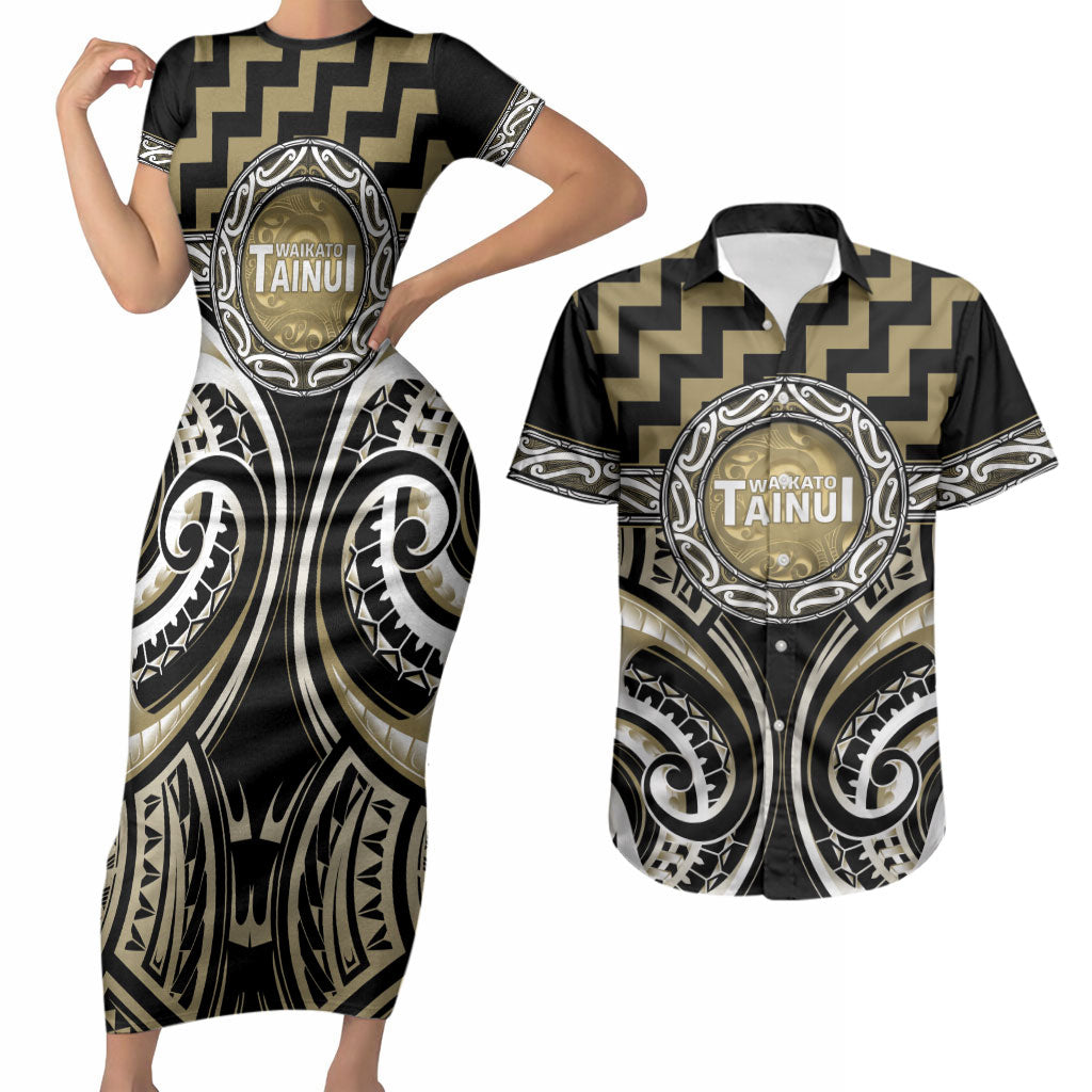 Aotearoa Waikato Tainui Personalised Couples Matching Short Sleeve Bodycon Dress and Hawaiian Shirt Maori Iwi Poutama Puhoro Tattoo LT14 Old Yellow - Polynesian Pride