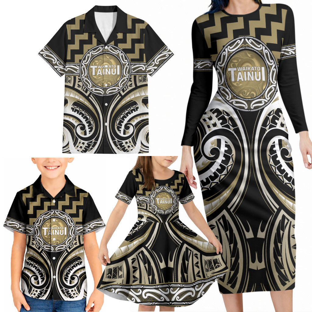 Aotearoa Waikato Tainui Personalised Family Matching Long Sleeve Bodycon Dress and Hawaiian Shirt Maori Iwi Poutama Puhoro Tattoo LT14 - Polynesian Pride