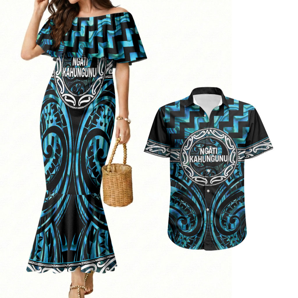 Aotearoa Ngati Kahungunu Personalised Couples Matching Mermaid Dress and Hawaiian Shirt Maori Iwi Poutama Puhoro Tattoo LT14 Turquoise - Polynesian Pride