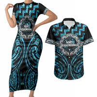 Aotearoa Ngati Kahungunu Personalised Couples Matching Short Sleeve Bodycon Dress and Hawaiian Shirt Maori Iwi Poutama Puhoro Tattoo LT14 Turquoise - Polynesian Pride