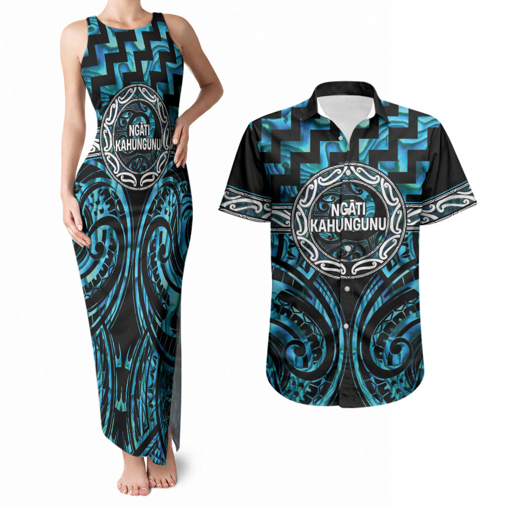Aotearoa Ngati Kahungunu Personalised Couples Matching Tank Maxi Dress and Hawaiian Shirt Maori Iwi Poutama Puhoro Tattoo LT14 Turquoise - Polynesian Pride