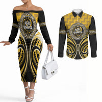 Aotearoa Ngati Whatua Personalised Couples Matching Off The Shoulder Long Sleeve Dress and Long Sleeve Button Shirt Maori Iwi Poutama Puhoro Tattoo LT14 Yellow - Polynesian Pride