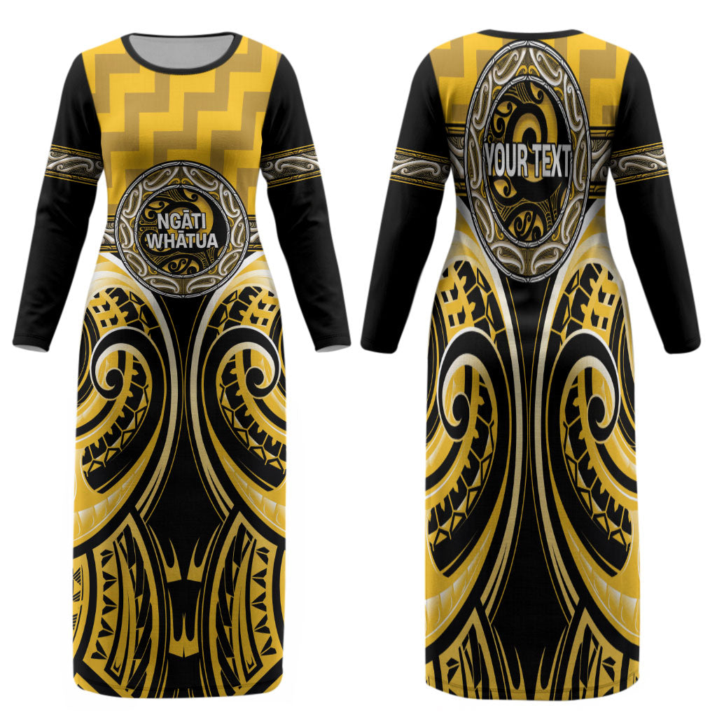 Aotearoa Ngati Whatua Personalised Family Matching Long Sleeve Bodycon Dress and Hawaiian Shirt Maori Iwi Poutama Puhoro Tattoo LT14 Mom's Dress Yellow - Polynesian Pride