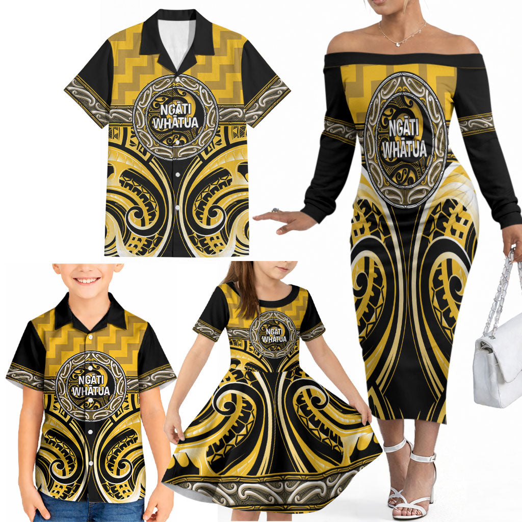 Aotearoa Ngati Whatua Personalised Family Matching Off The Shoulder Long Sleeve Dress and Hawaiian Shirt Maori Iwi Poutama Puhoro Tattoo LT14 - Polynesian Pride